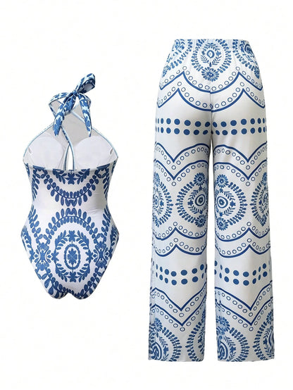 Swim Oasis Women's Summer One-Piece Positioned Print Elegant Vacation Swimsuit With Pants