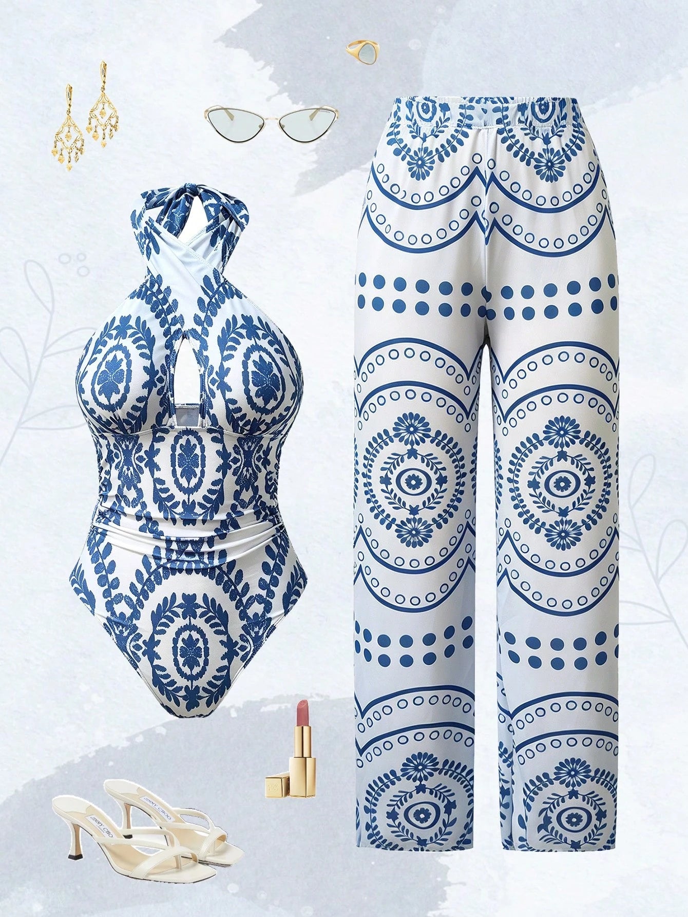 Swim Oasis Women's Summer One-Piece Positioned Print Elegant Vacation Swimsuit With Pants
