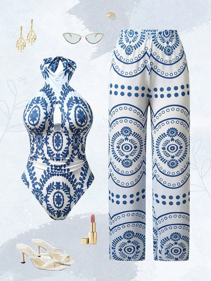 Swim Oasis Women's Summer One-Piece Positioned Print Elegant Vacation Swimsuit With Pants