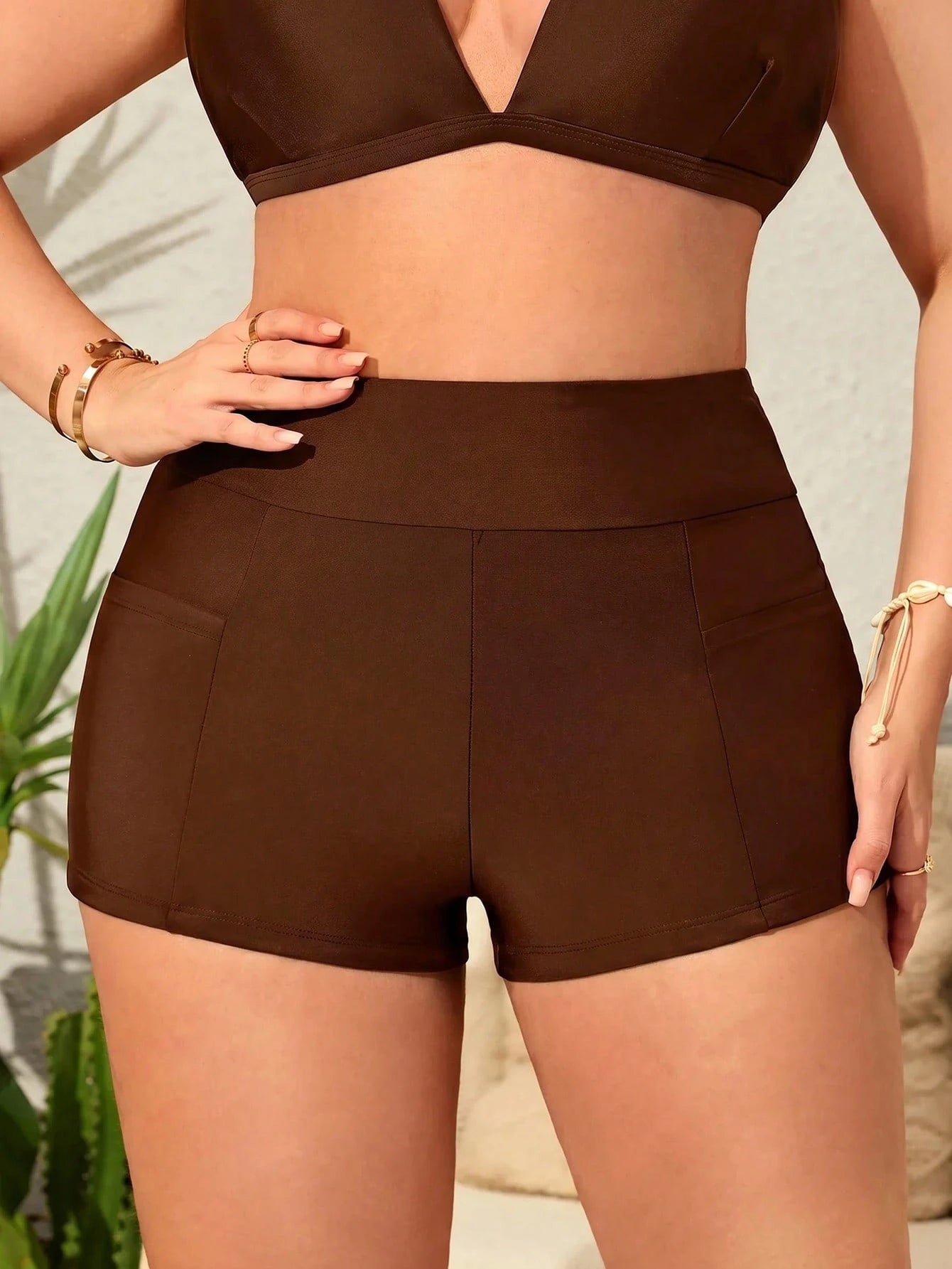 Swim Plus Size Solid Color Fashionable Swim Bottom, Suitable For Summer