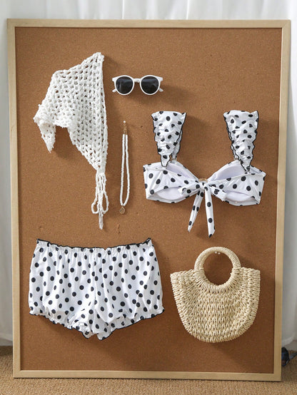 Swim Shayni 1pc Women's Black Polka Dot Print Sexy Elegant Puff Sleeve Two Pieces Swimsuit Set
