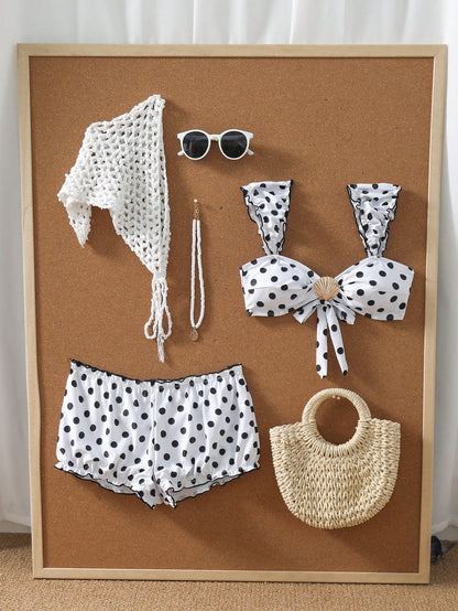 Swim Shayni 1pc Women's Black Polka Dot Print Sexy Elegant Puff Sleeve Two Pieces Swimsuit Set