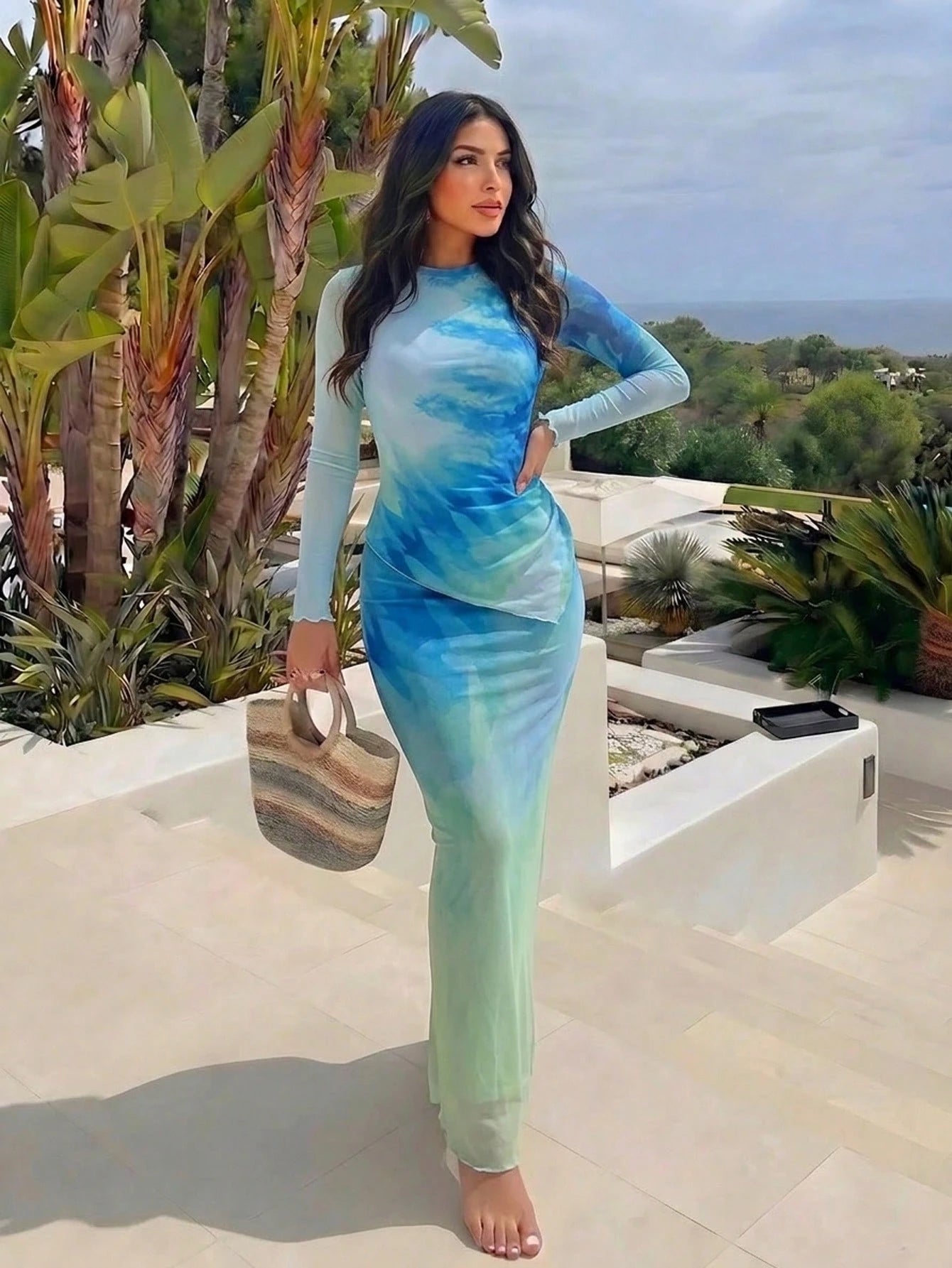 Swim Shayni Women's 3-Piece Muslim Beach Vacation Swimwear Set,Blue-Green Gradient Irregular Long-Sleeved Top, Trousers, And Beach Maxi Skirt.