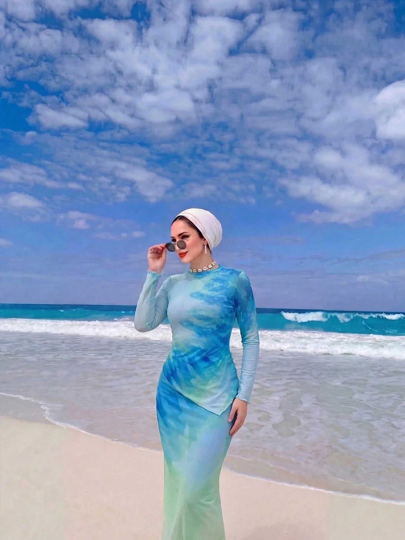Swim Shayni Women's 3-Piece Muslim Beach Vacation Swimwear Set,Blue-Green Gradient Irregular Long-Sleeved Top, Trousers, And Beach Maxi Skirt.