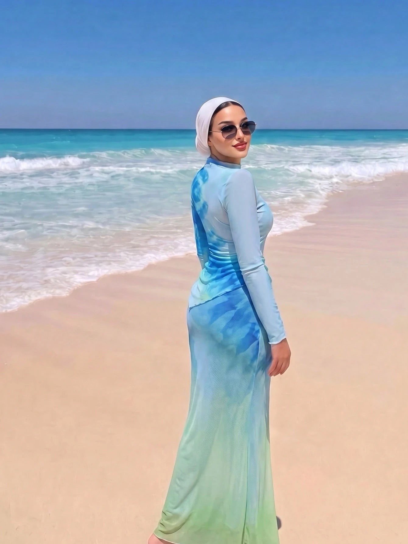 Swim Shayni Women's 3-Piece Muslim Beach Vacation Swimwear Set,Blue-Green Gradient Irregular Long-Sleeved Top, Trousers, And Beach Maxi Skirt.