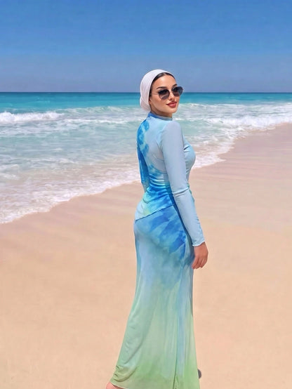 Swim Shayni Women's 3-Piece Muslim Beach Vacation Swimwear Set,Blue-Green Gradient Irregular Long-Sleeved Top, Trousers, And Beach Maxi Skirt.