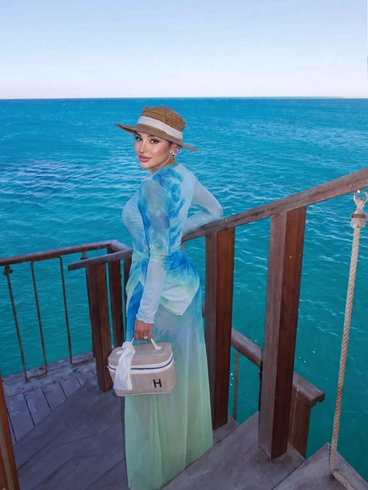 Swim Shayni Women's 3-Piece Muslim Beach Vacation Swimwear Set,Blue-Green Gradient Irregular Long-Sleeved Top, Trousers, And Beach Maxi Skirt.