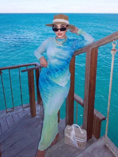 Swim Shayni Women's 3-Piece Muslim Beach Vacation Swimwear Set,Blue-Green Gradient Irregular Long-Sleeved Top, Trousers, And Beach Maxi Skirt.
