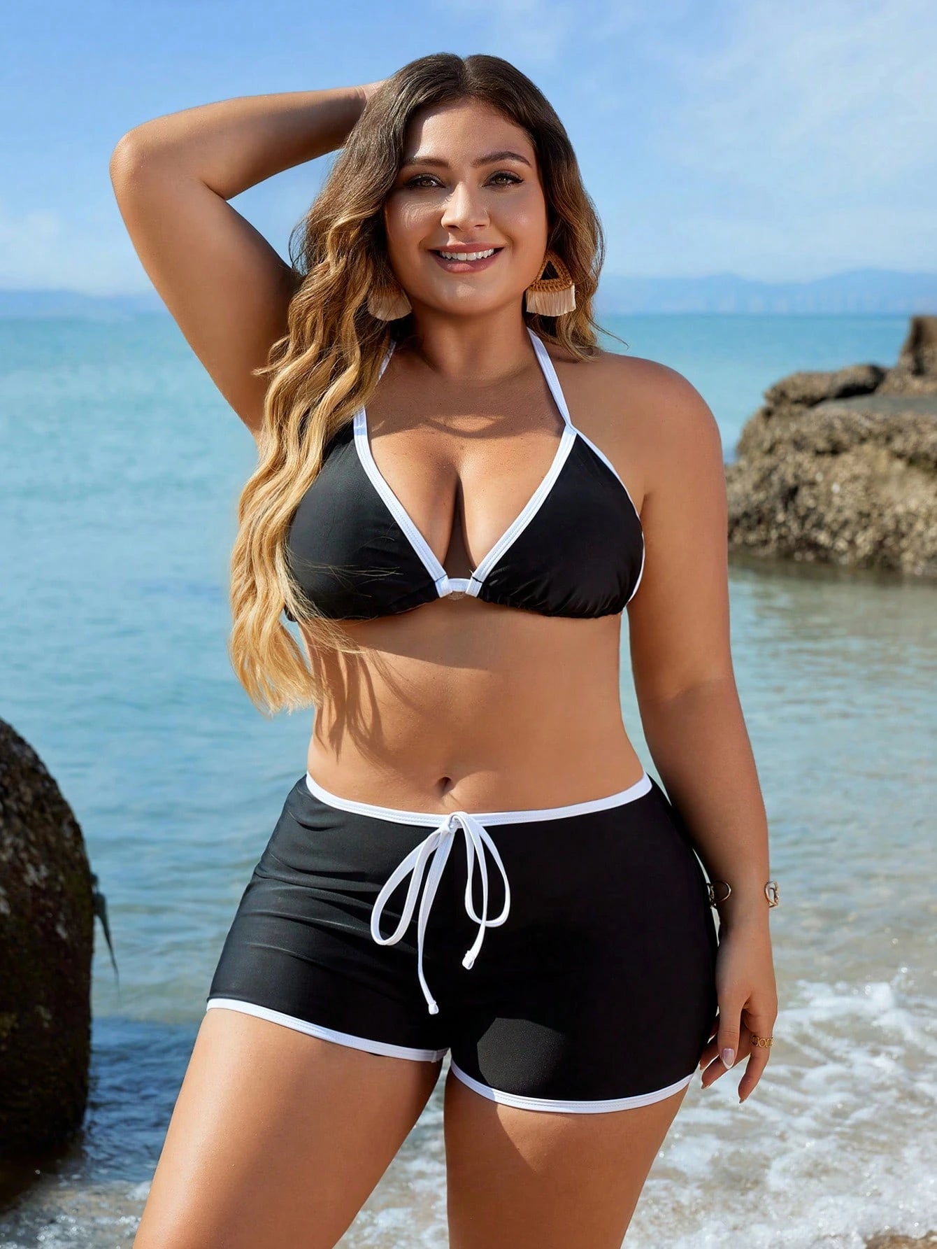 Swim SPRTY Summer Beach Plus Size Women Beach Vacation Simple And Stylish Halter Bra And Swim Shorts Bikini Separates Swimwear Set