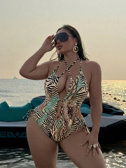 Swim SXY 2026 New Plus Size Women's Beach Vacation Leopard Print Random Pattern Hollow Halter Neck Tie-Up Abdominal Metal Decor Side Drawstring Sexy Fashion One-Piece Swimsuit