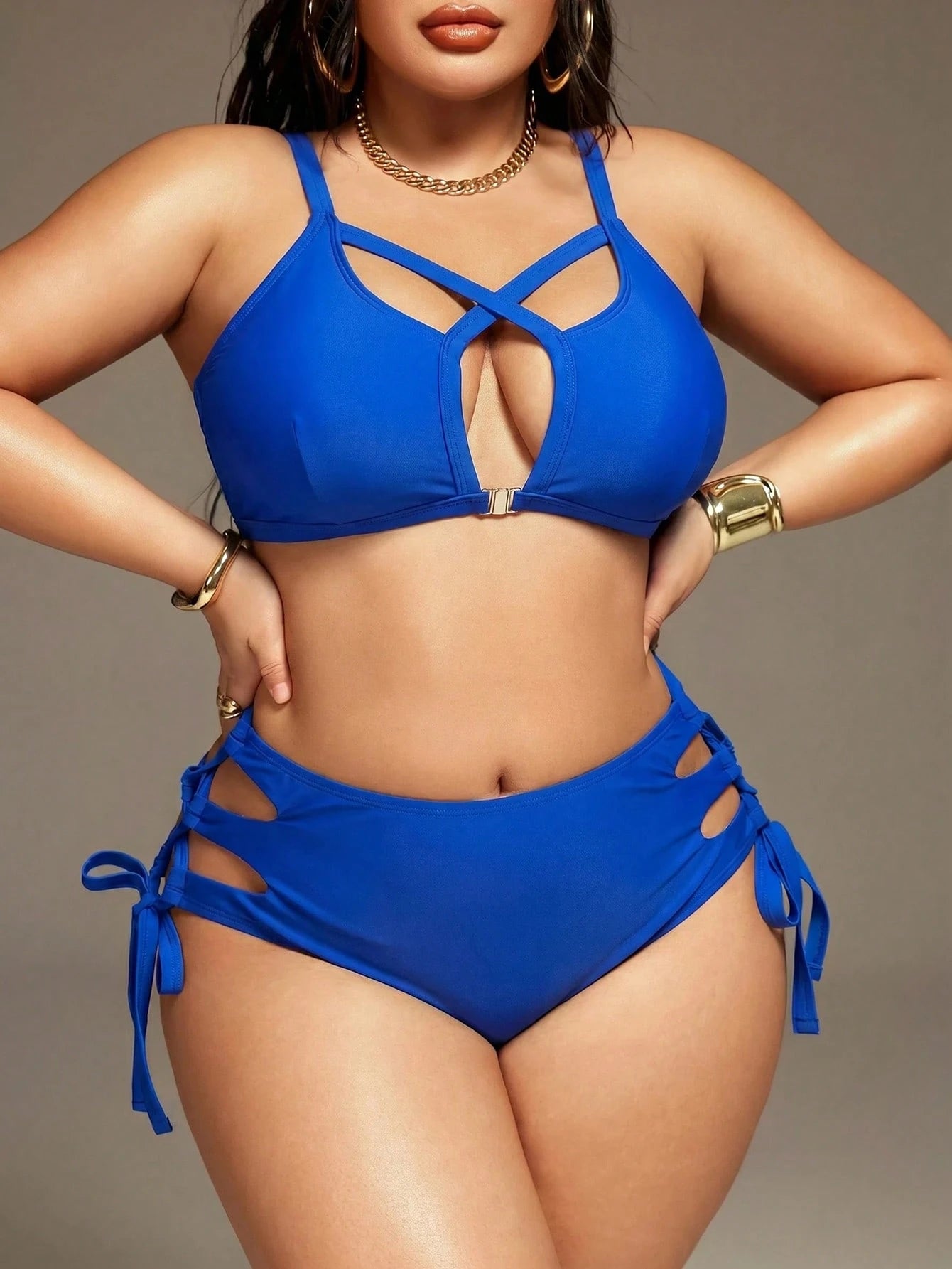 Swim SXY 2026 New Summer Vacation Royal Blue Lace-Up Plus Size Swimsuit Set Beach Vacation