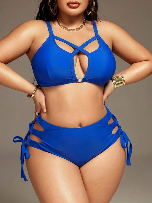 Swim SXY 2026 New Summer Vacation Royal Blue Lace-Up Plus Size Swimsuit Set Beach Vacation