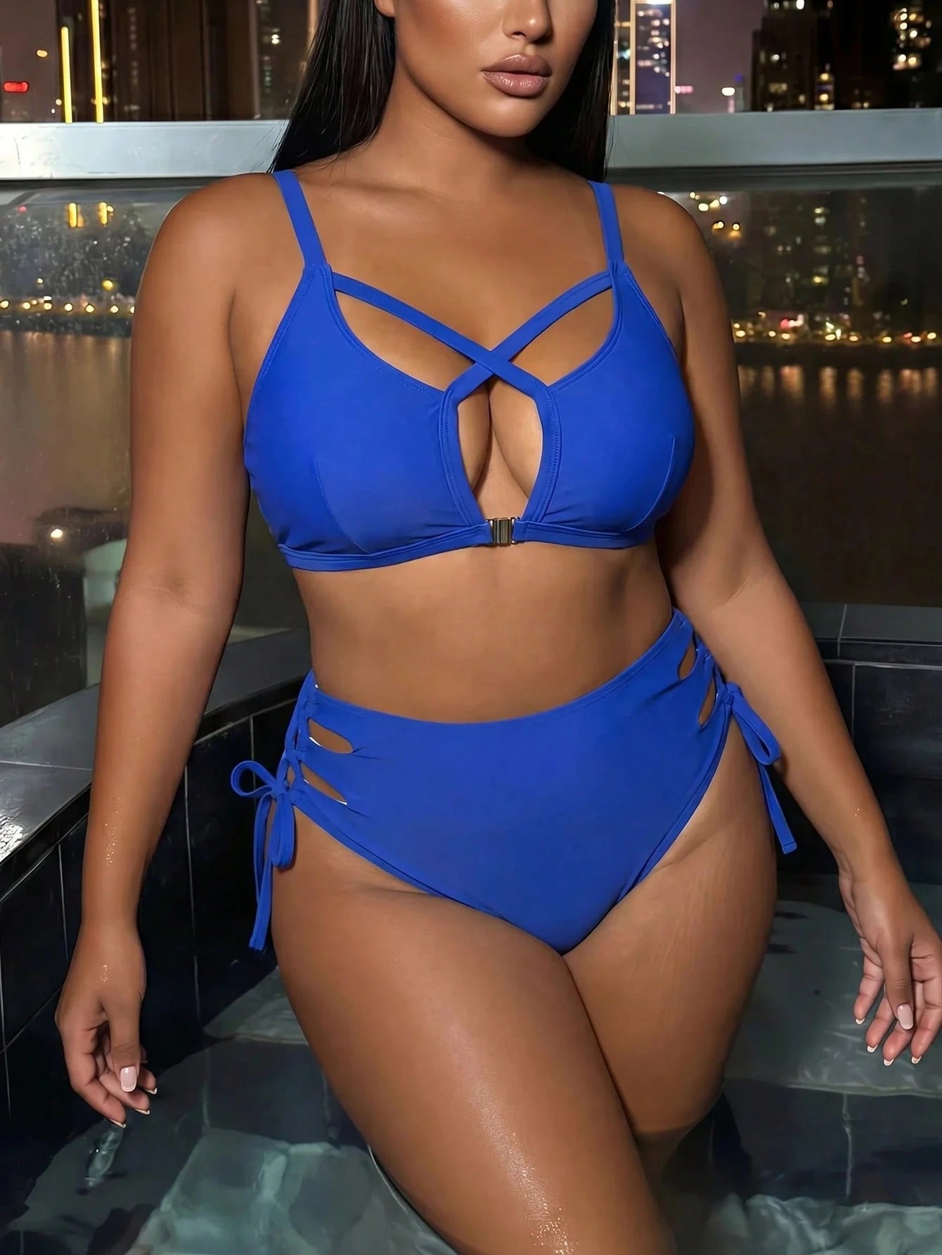 Swim SXY 2026 New Summer Vacation Royal Blue Lace-Up Plus Size Swimsuit Set Beach Vacation