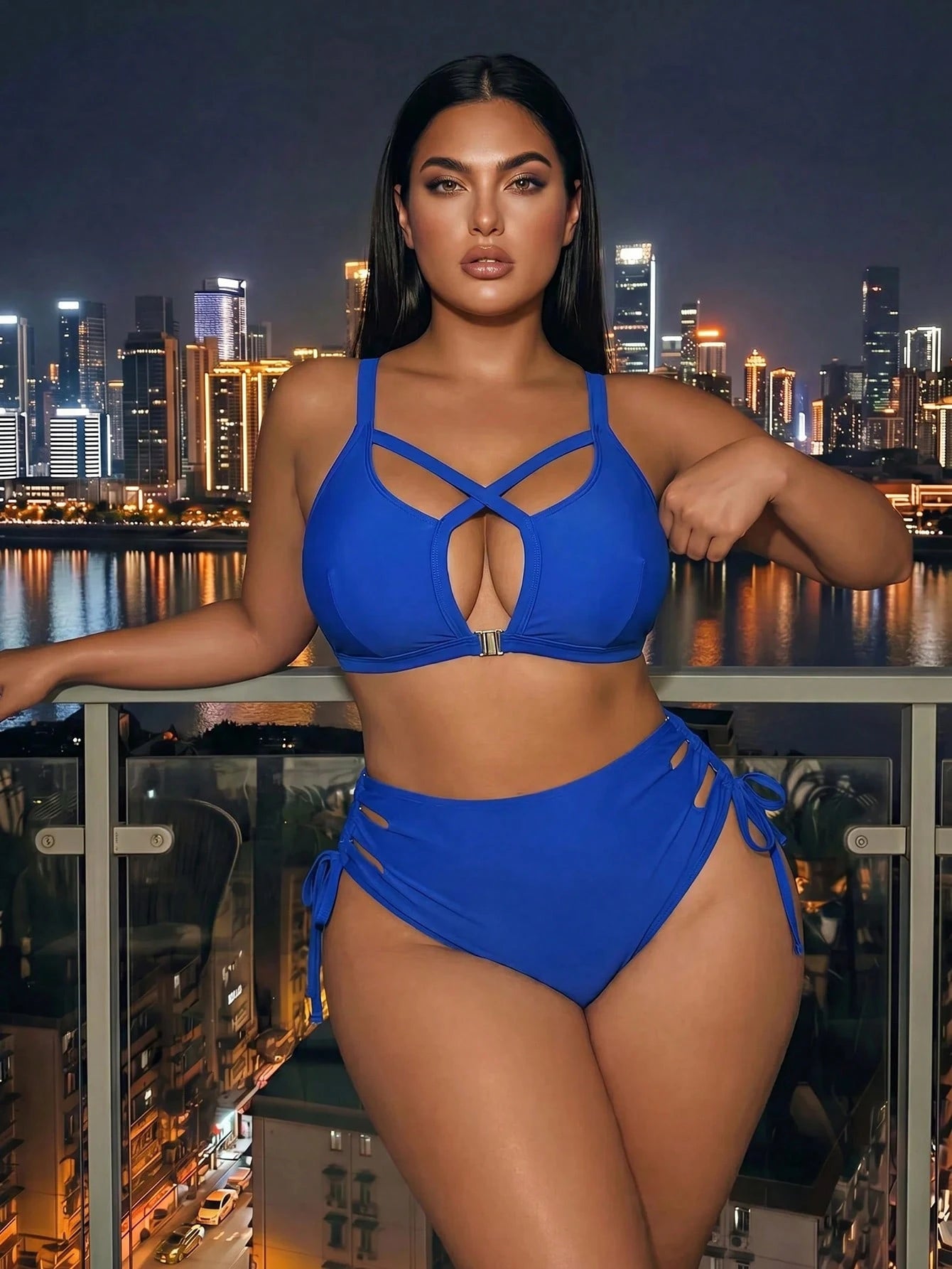 Swim SXY 2026 New Summer Vacation Royal Blue Lace-Up Plus Size Swimsuit Set Beach Vacation