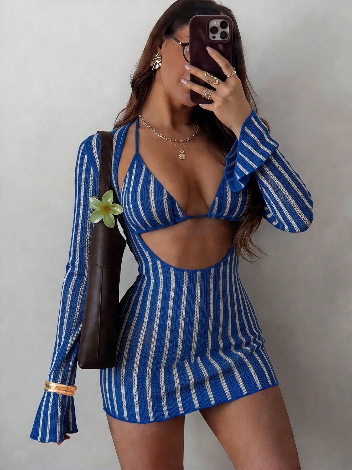 Swim SXY 3pcs/Set Sexy Colorful Hollow Striped Cover-Up, Triangle Bikini Swimwear Set For Women, Spring/Summer