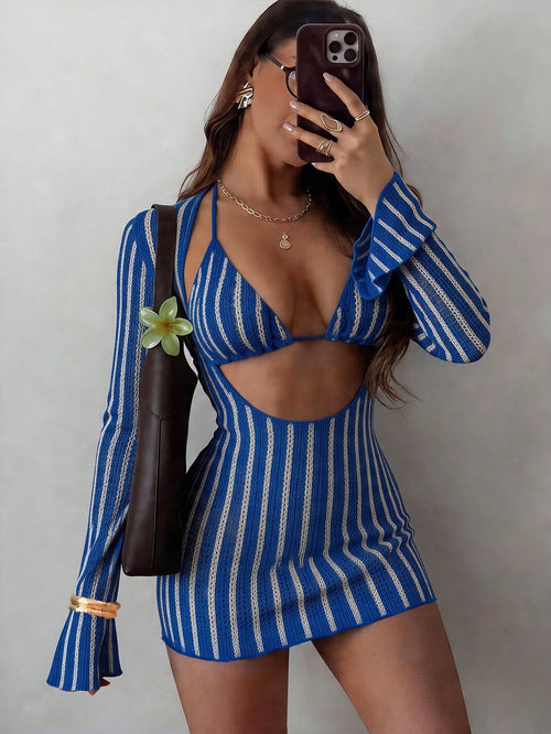 Swim SXY 3pcs/Set Sexy Colorful Hollow Striped Cover-Up, Triangle Bikini Swimwear Set For Women, Spring/Summer