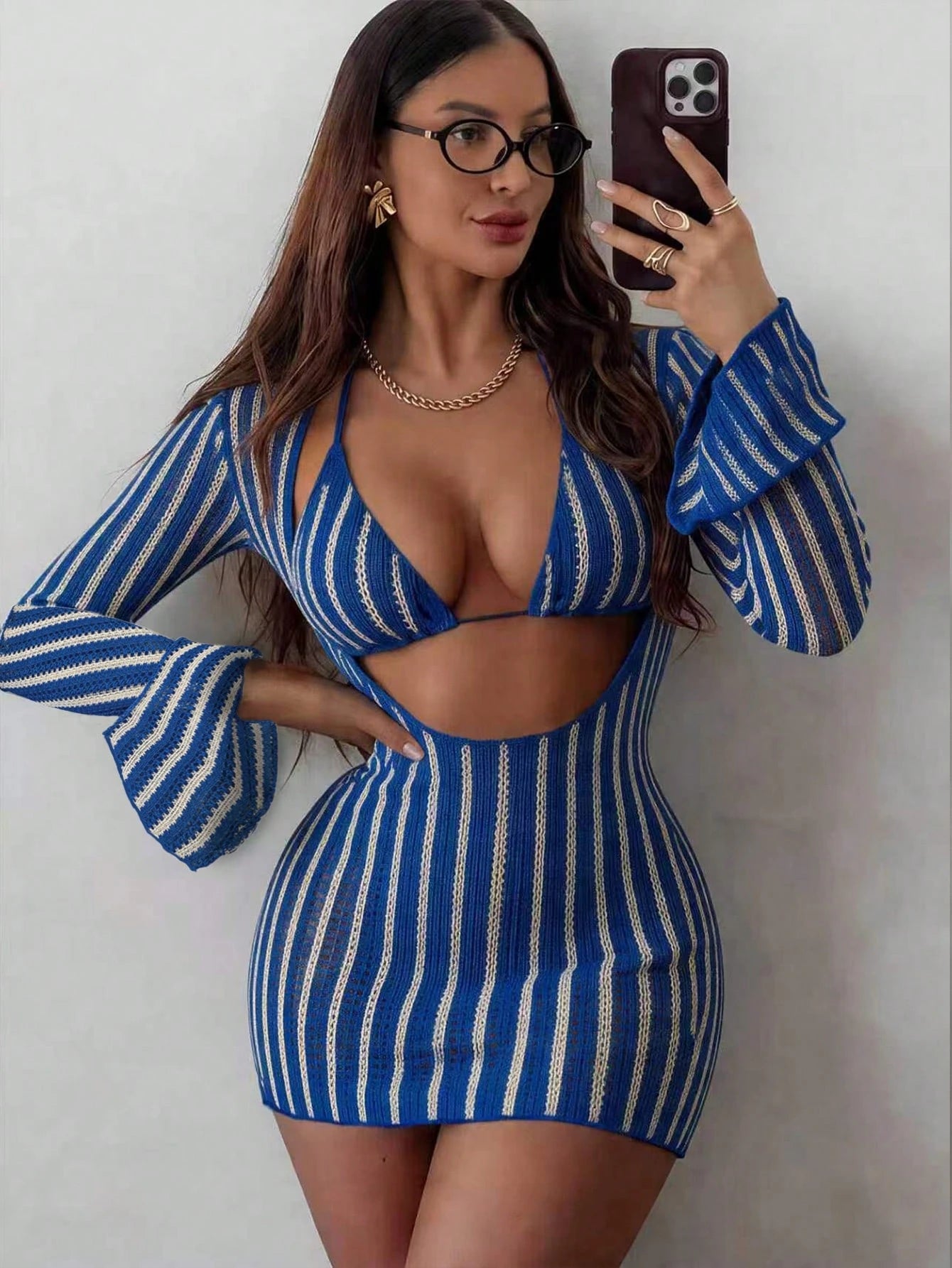 Swim SXY 3pcs/Set Sexy Colorful Hollow Striped Cover-Up, Triangle Bikini Swimwear Set For Women, Spring/Summer