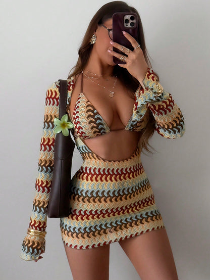 Swim SXY 3pcs/Set Sexy Colorful Hollow Striped Cover-Up, Triangle Bikini Swimwear Set For Women, Spring/Summer