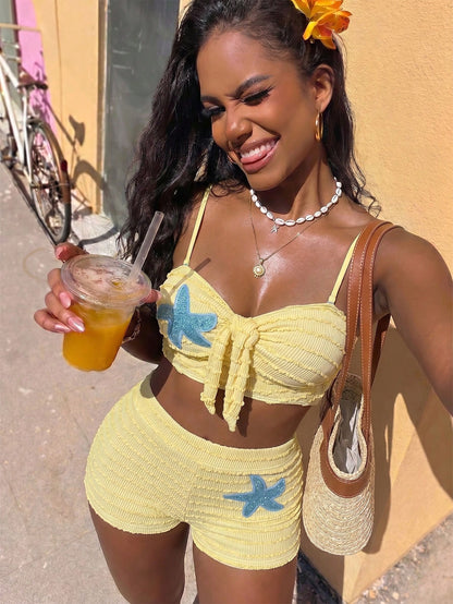 Swim SXY Cute Yellow 2-Piece Textured High-Waisted Bow-Tie Spaghetti Strap Bikini Set,Starfish Decor,Summer Beach Vacation Holiday Holiday Popular Outfit