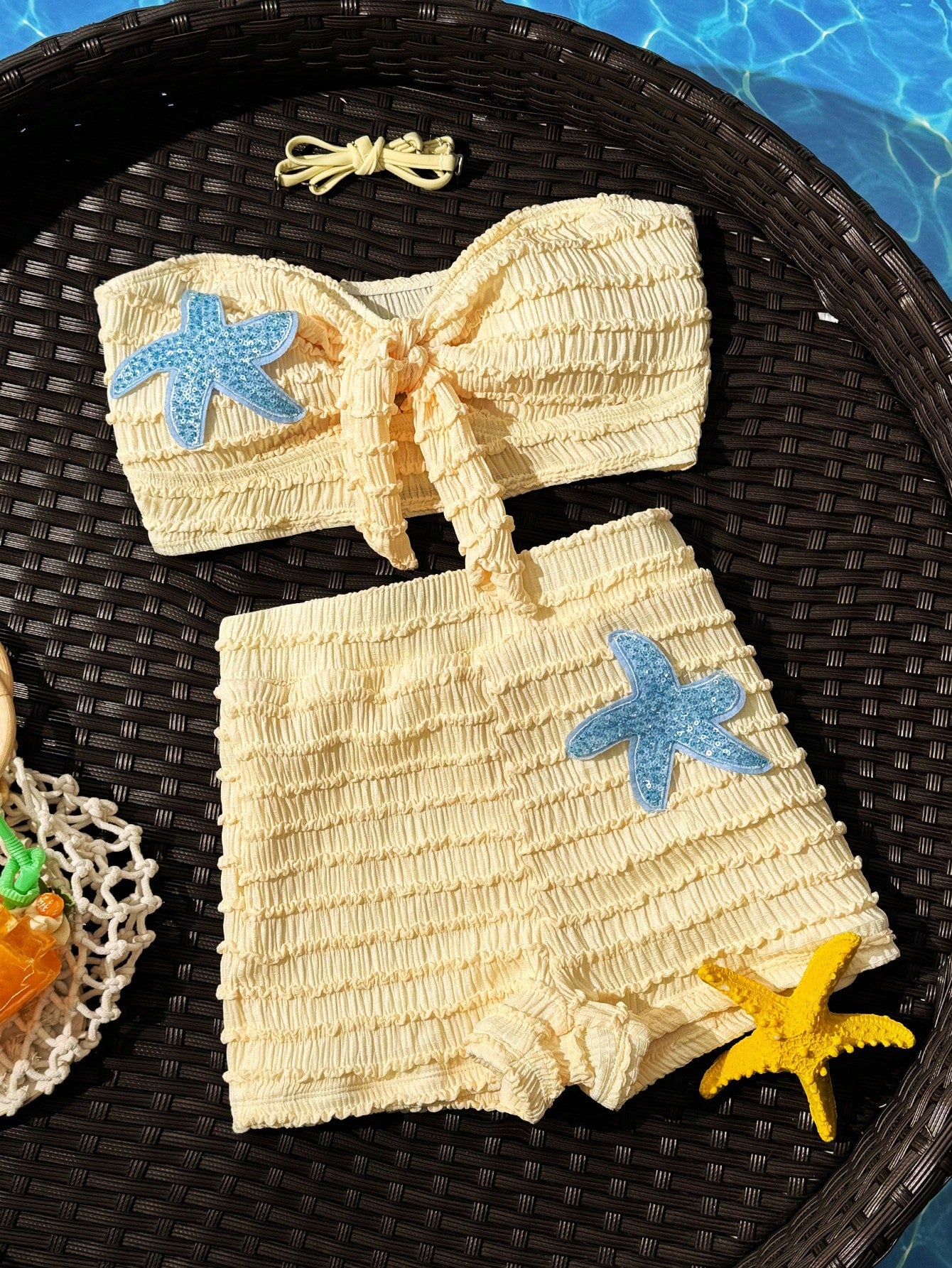 Swim SXY Cute Yellow 2-Piece Textured High-Waisted Bow-Tie Spaghetti Strap Bikini Set,Starfish Decor,Summer Beach Vacation Holiday Holiday Popular Outfit