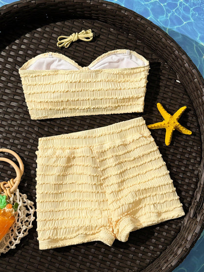 Swim SXY Cute Yellow 2-Piece Textured High-Waisted Bow-Tie Spaghetti Strap Bikini Set,Starfish Decor,Summer Beach Vacation Holiday Holiday Popular Outfit