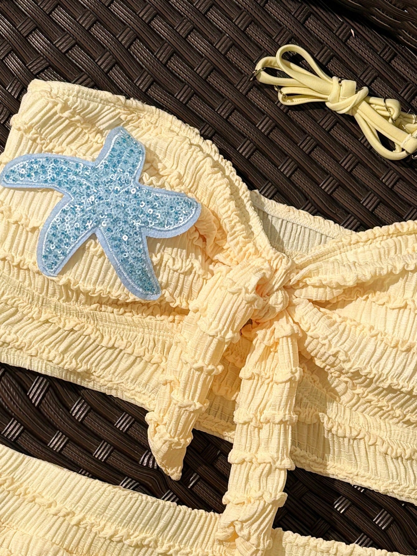 Swim SXY Cute Yellow 2-Piece Textured High-Waisted Bow-Tie Spaghetti Strap Bikini Set,Starfish Decor,Summer Beach Vacation Holiday Holiday Popular Outfit