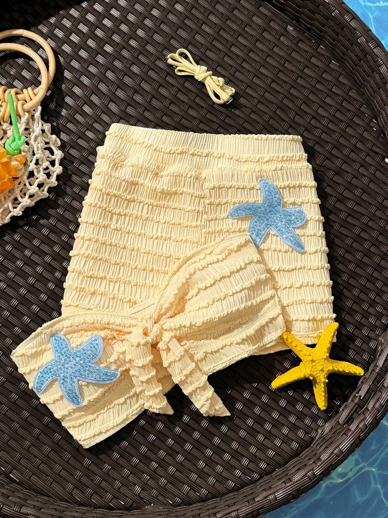 Swim SXY Cute Yellow 2-Piece Textured High-Waisted Bow-Tie Spaghetti Strap Bikini Set,Starfish Decor,Summer Beach Vacation Holiday Holiday Popular Outfit