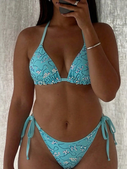Swim SXY Plus Size 2026 2-Piece Bikini Swimwear,Light Teal,Summer,Beach,Vacation,Holiday,Removable Padded,Triangular Bottoms With Cute Bow Tie,Fashionable