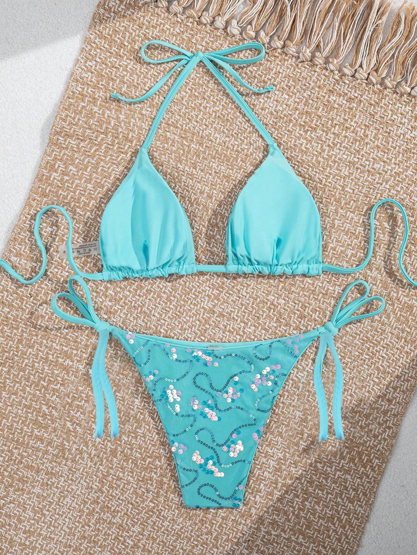 Swim SXY Plus Size 2026 2-Piece Bikini Swimwear,Light Teal,Summer,Beach,Vacation,Holiday,Removable Padded,Triangular Bottoms With Cute Bow Tie,Fashionable