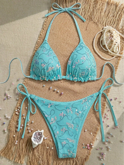 Swim SXY Plus Size 2026 2-Piece Bikini Swimwear,Light Teal,Summer,Beach,Vacation,Holiday,Removable Padded,Triangular Bottoms With Cute Bow Tie,Fashionable