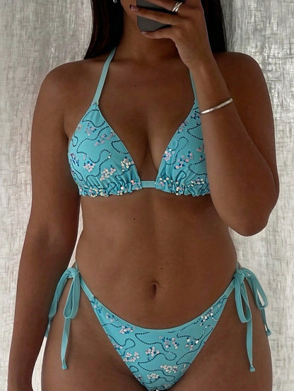 Swim SXY Plus Size 2026 2-Piece Bikini Swimwear,Light Teal,Summer,Beach,Vacation,Holiday,Removable Padded,Triangular Bottoms With Cute Bow Tie,Fashionable