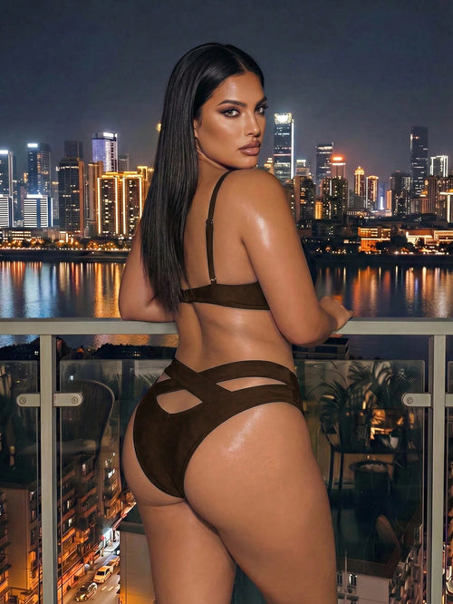 Swim SXY Plus Size Solid Color Criss-Cross Strap Sexy Women's Swimwear Bottoms Separate Swim Pants Summer Beach European And American Brown
