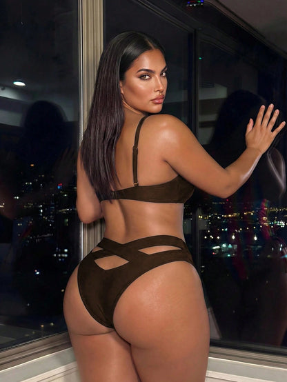 Swim SXY Plus Size Solid Color Criss-Cross Strap Sexy Women's Swimwear Bottoms Separate Swim Pants Summer Beach European And American Brown
