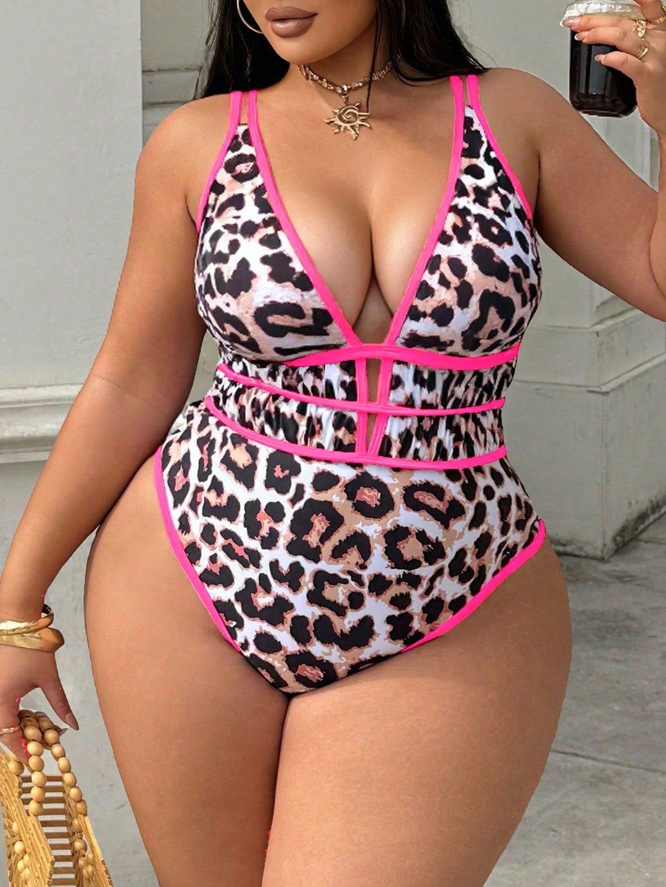 Swim SXY Plus Size Women's Leopard Print Deep V-Neck Sexy Bandage Backless One-Piece Swimsuit For Beach Holiday White Summer