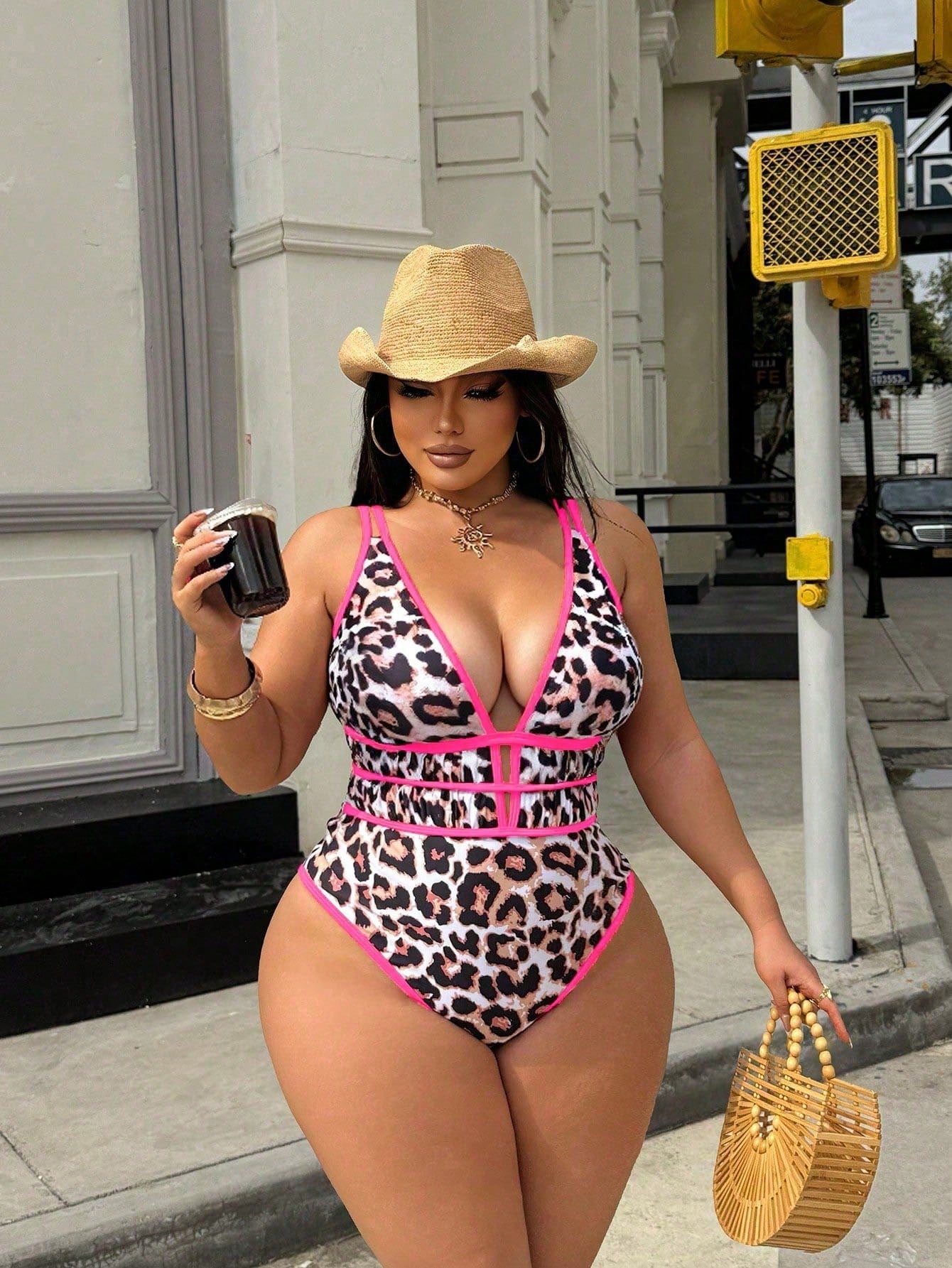 Swim SXY Plus Size Women's Leopard Print Deep V-Neck Sexy Bandage Backless One-Piece Swimsuit For Beach Holiday White Summer