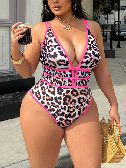 Swim SXY Plus Size Women's Leopard Print Deep V-Neck Sexy Bandage Backless One-Piece Swimsuit For Beach Holiday White Summer