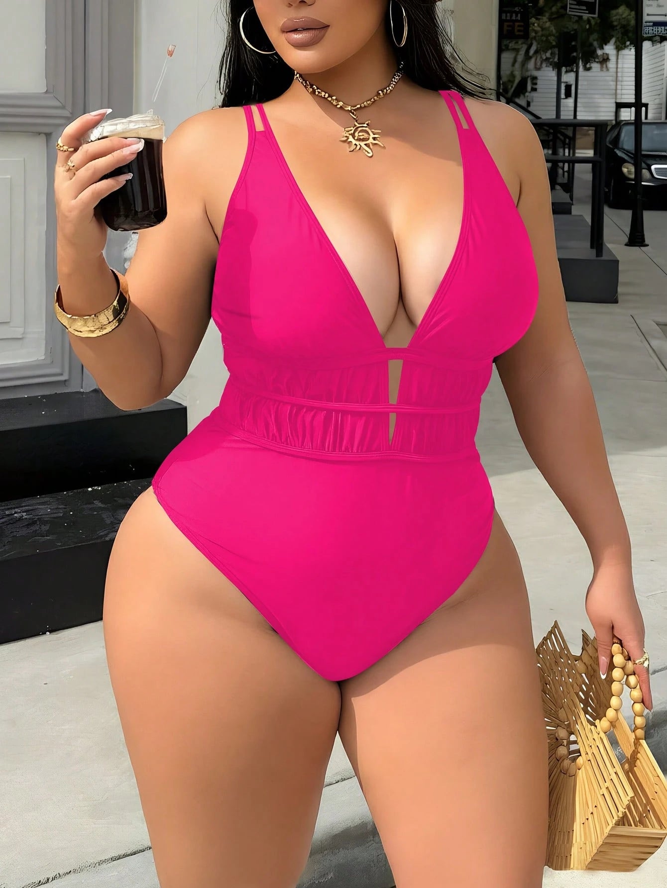 Swim SXY Plus Size Women's Leopard Print Deep V-Neck Sexy Beach Vacation Vacation One-Piece Swimsuit Summer