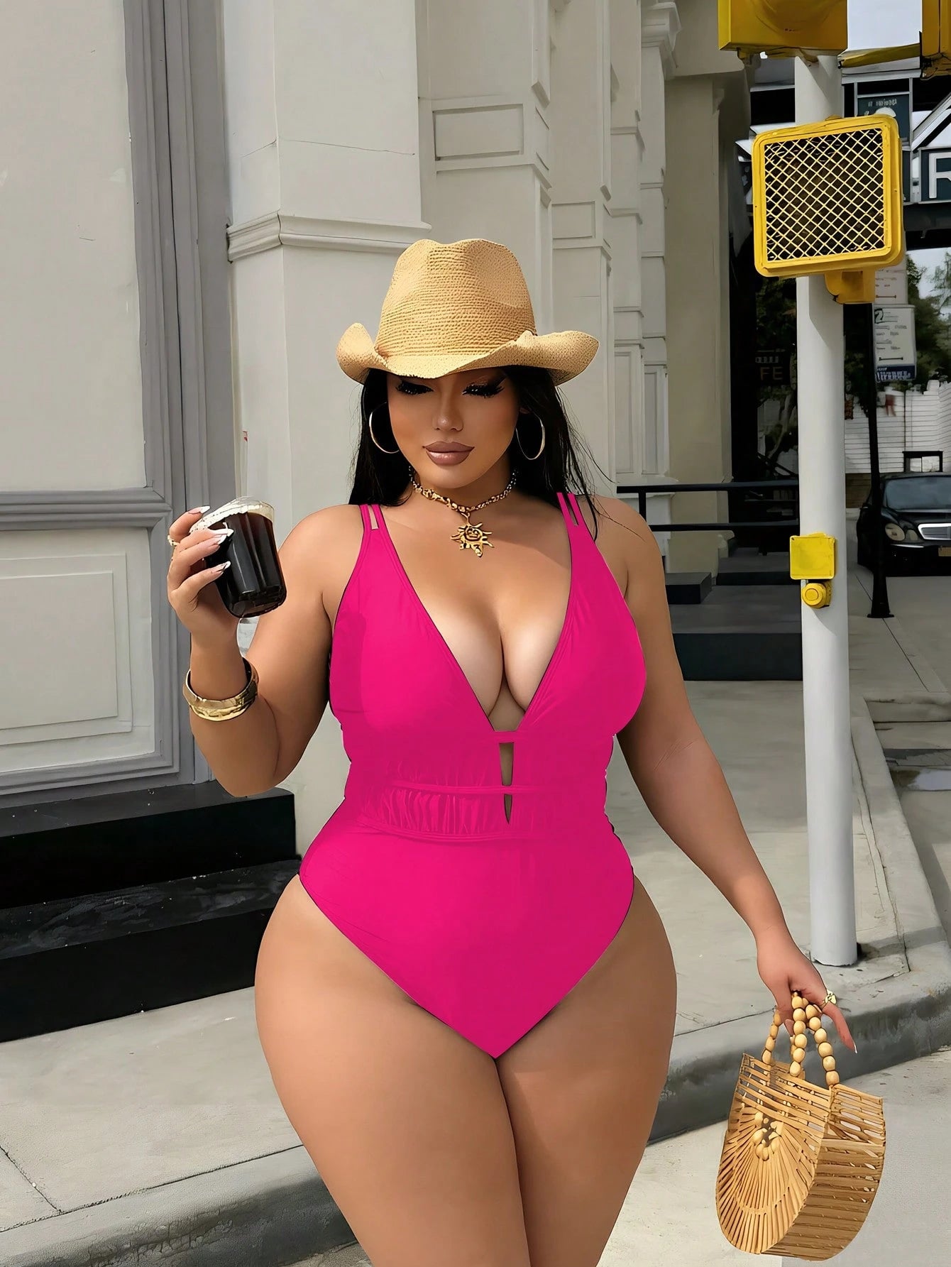 Swim SXY Plus Size Women's Leopard Print Deep V-Neck Sexy Beach Vacation Vacation One-Piece Swimsuit Summer