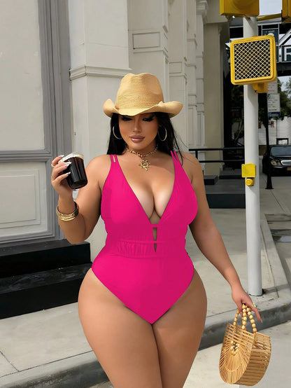 Swim SXY Plus Size Women's Leopard Print Deep V-Neck Sexy Beach Vacation Vacation One-Piece Swimsuit Summer