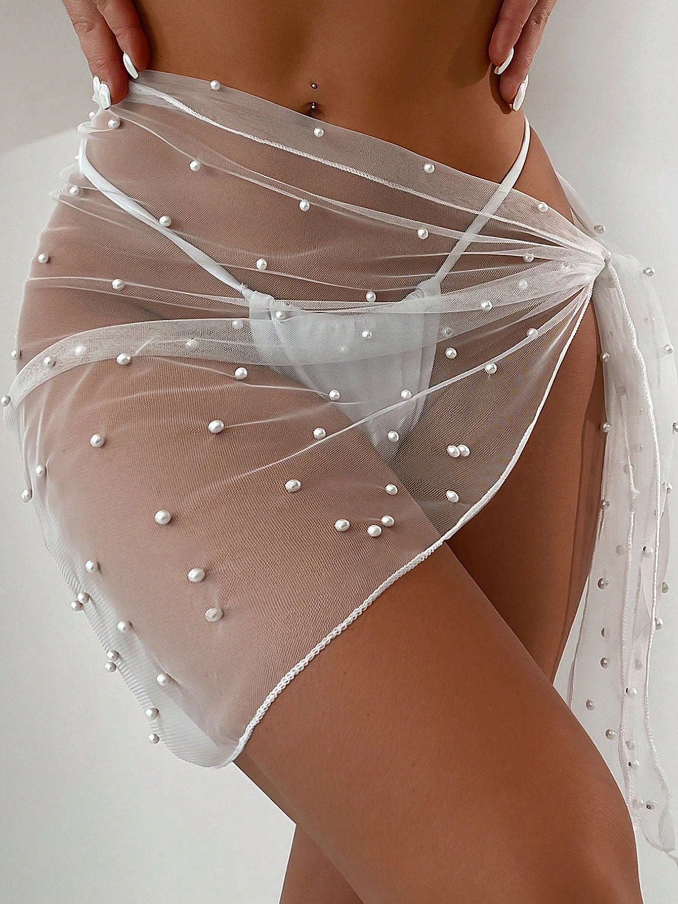 Swim SXY Summer Beach Faux Pearl Decor Knot Side Sheer Cover Up Skirt Without Bikini