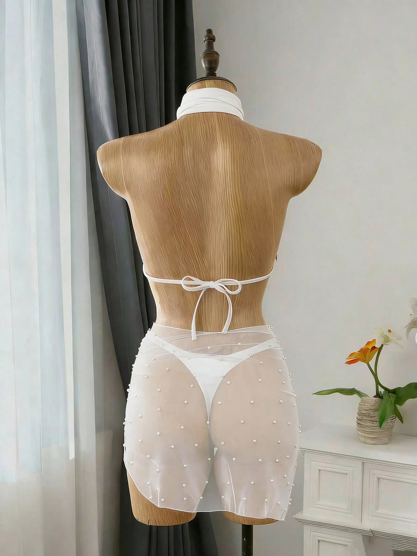 Swim SXY Summer Beach Faux Pearl Decor Knot Side Sheer Cover Up Skirt Without Bikini