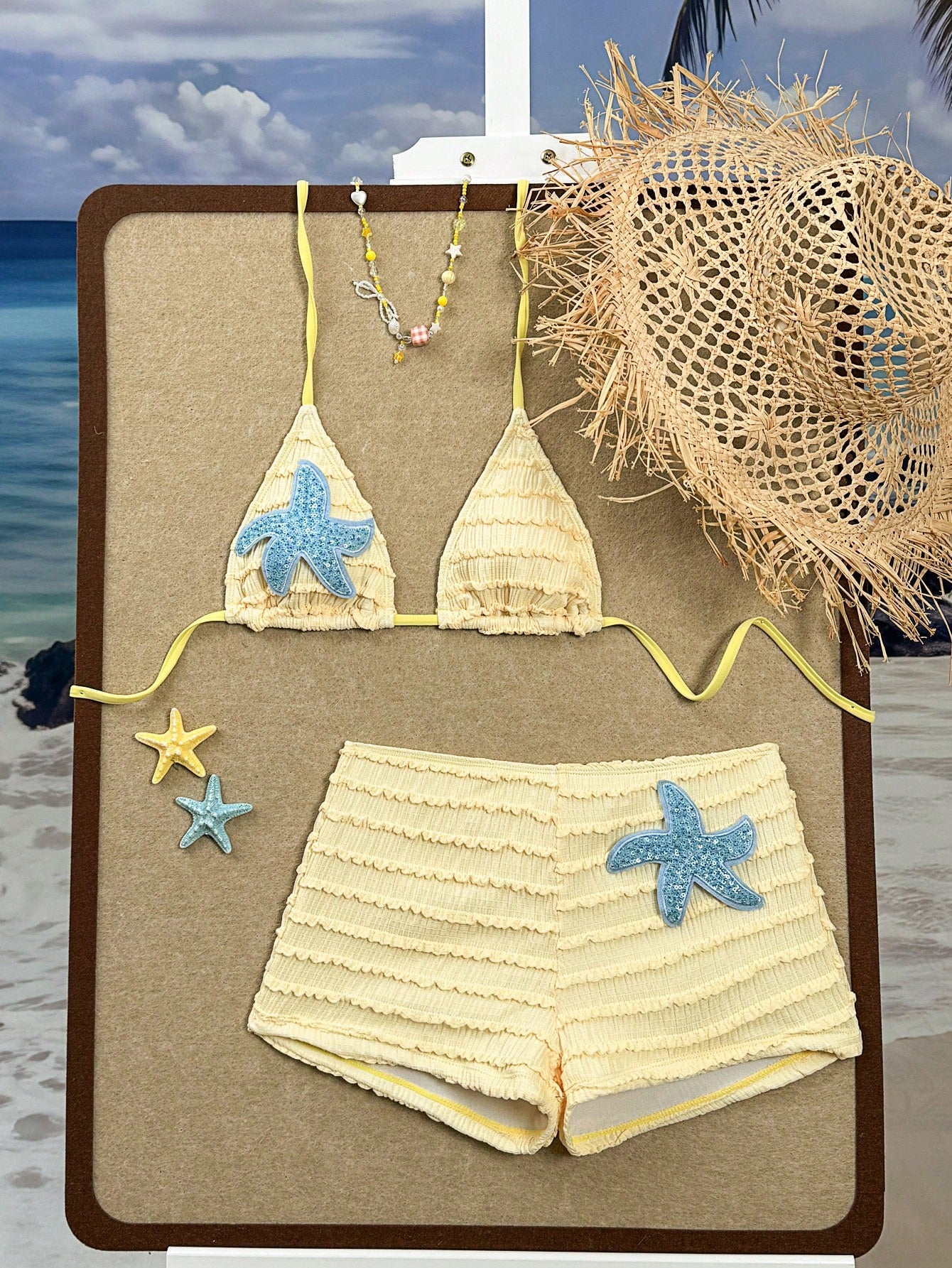 Swim SXY Summer New Textured Fabric Mustard Yellow Ocean Starfish Decor Halter Tie Waist Beach Pants, Women 2 Pieces Swimwear Set