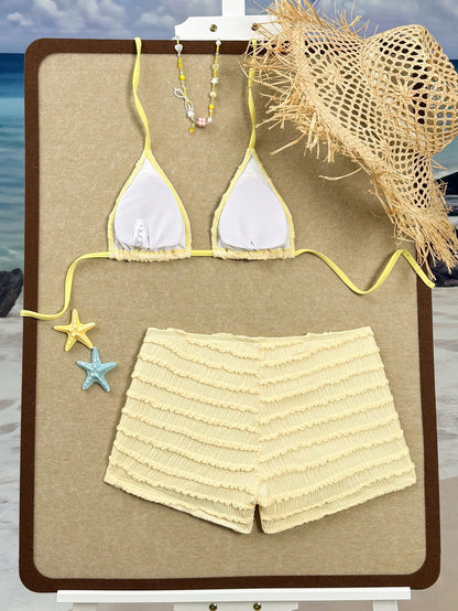 Swim SXY Summer New Textured Fabric Mustard Yellow Ocean Starfish Decor Halter Tie Waist Beach Pants, Women 2 Pieces Swimwear Set