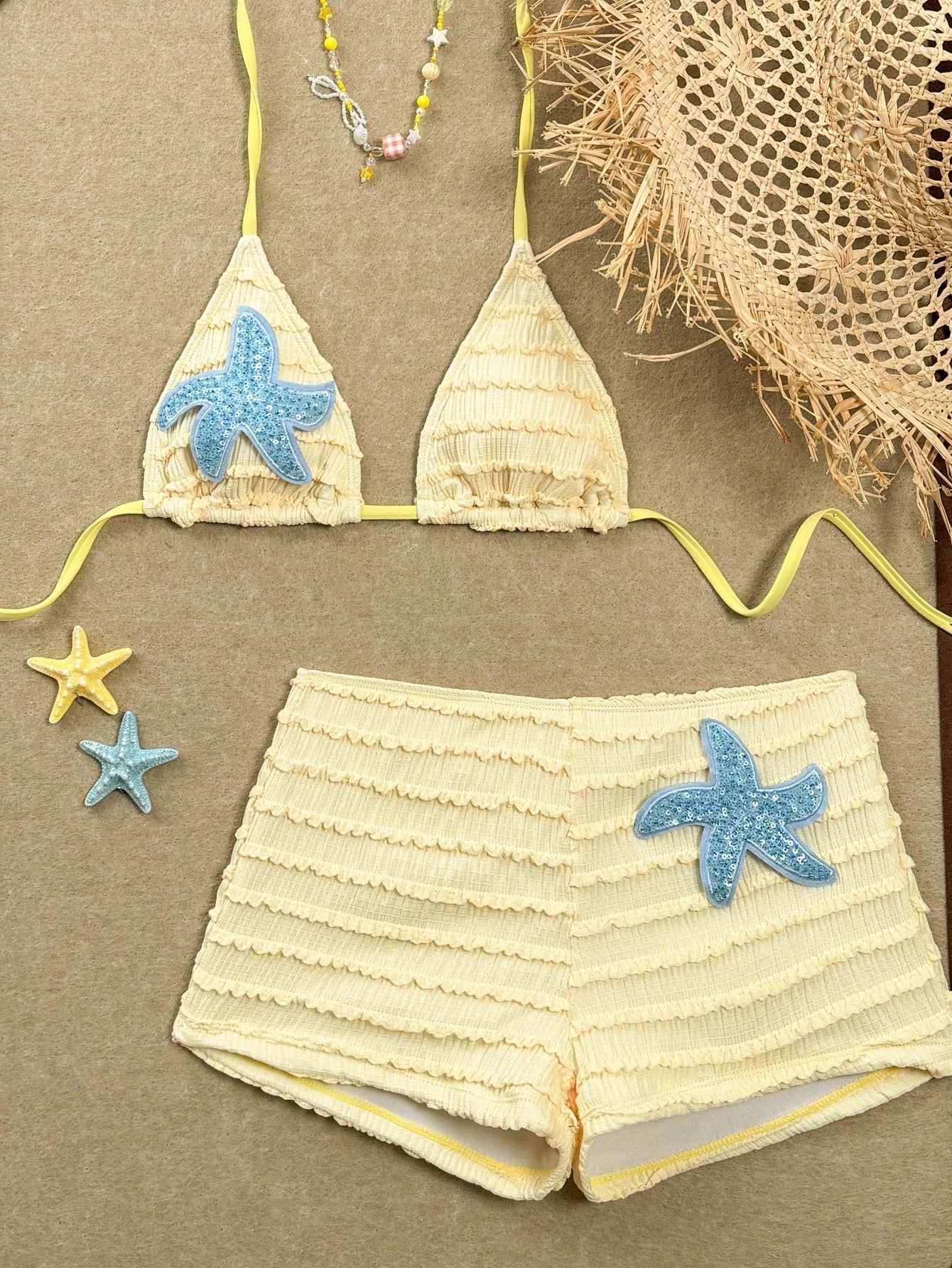 Swim SXY Summer New Textured Fabric Mustard Yellow Ocean Starfish Decor Halter Tie Waist Beach Pants, Women 2 Pieces Swimwear Set