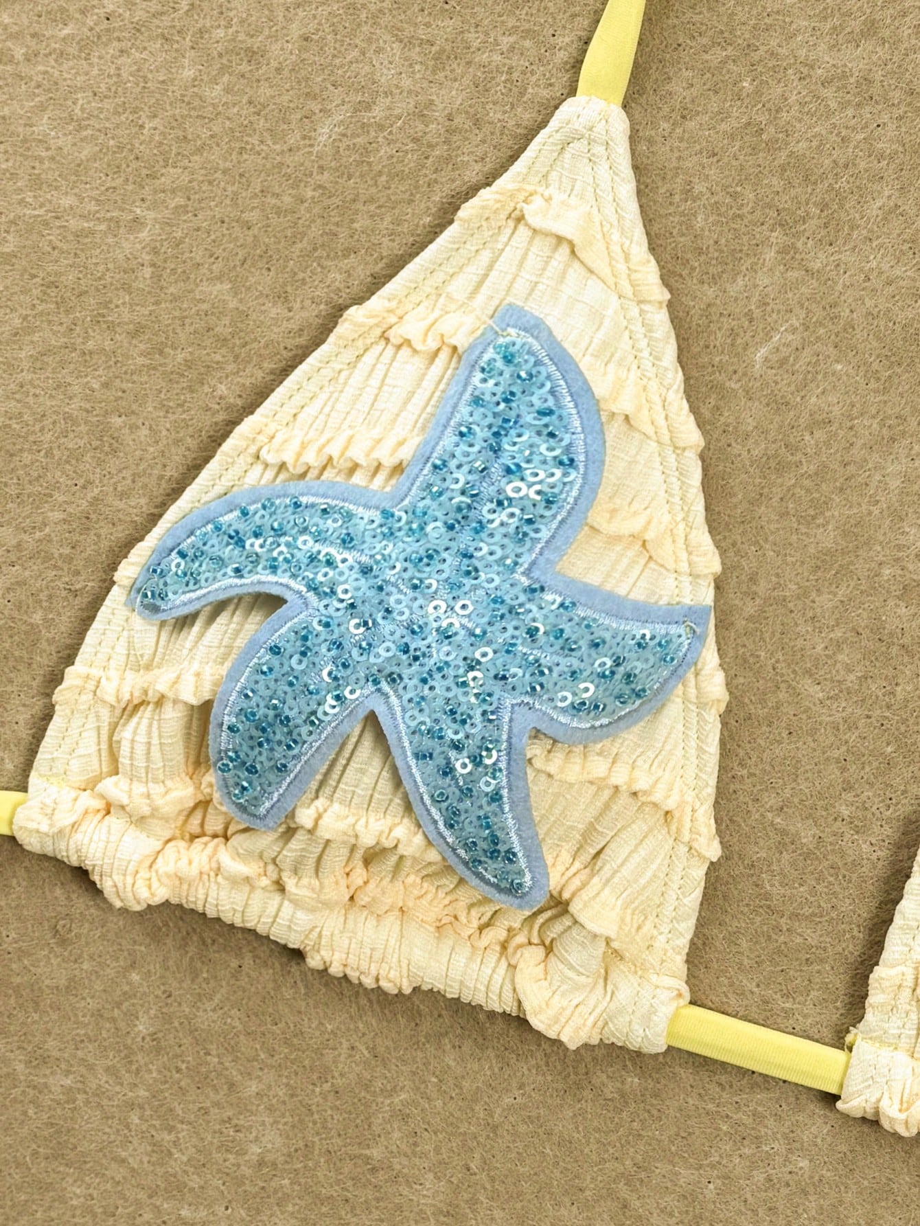 Swim SXY Summer New Textured Fabric Mustard Yellow Ocean Starfish Decor Halter Tie Waist Beach Pants, Women 2 Pieces Swimwear Set