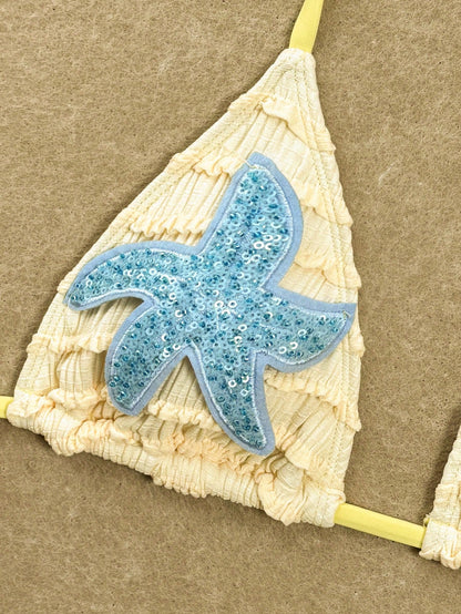 Swim SXY Summer New Textured Fabric Mustard Yellow Ocean Starfish Decor Halter Tie Waist Beach Pants, Women 2 Pieces Swimwear Set