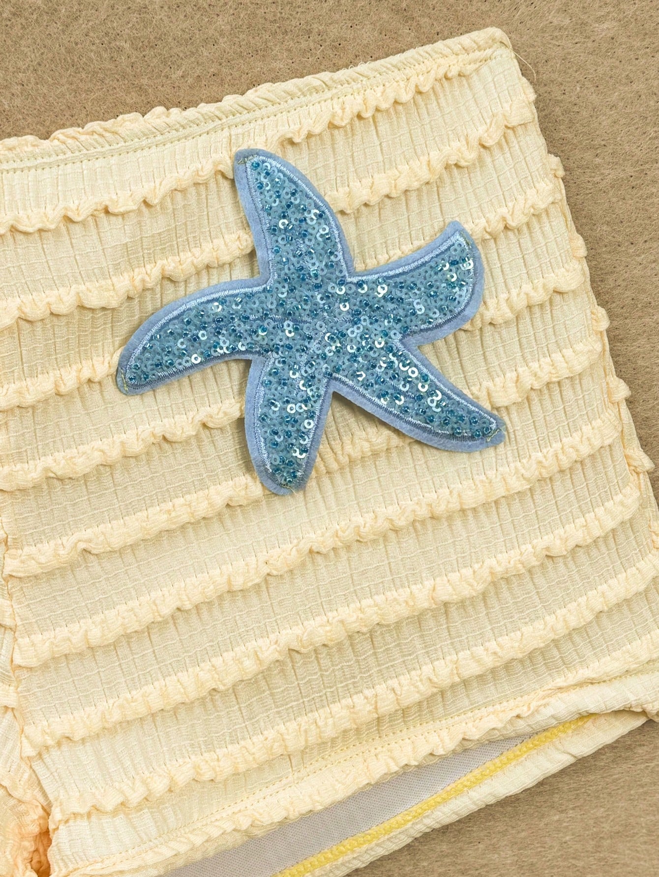Swim SXY Summer New Textured Fabric Mustard Yellow Ocean Starfish Decor Halter Tie Waist Beach Pants, Women 2 Pieces Swimwear Set