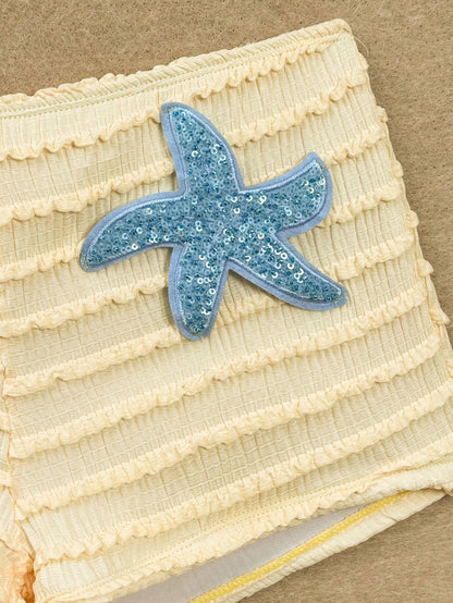 Swim SXY Summer New Textured Fabric Mustard Yellow Ocean Starfish Decor Halter Tie Waist Beach Pants, Women 2 Pieces Swimwear Set