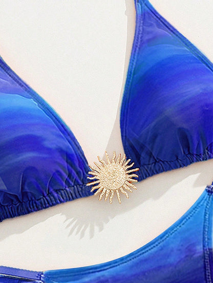 Swim SXY Summer Women Gradient Color Beach Resort Blue Bikini Set With Gold Accessories