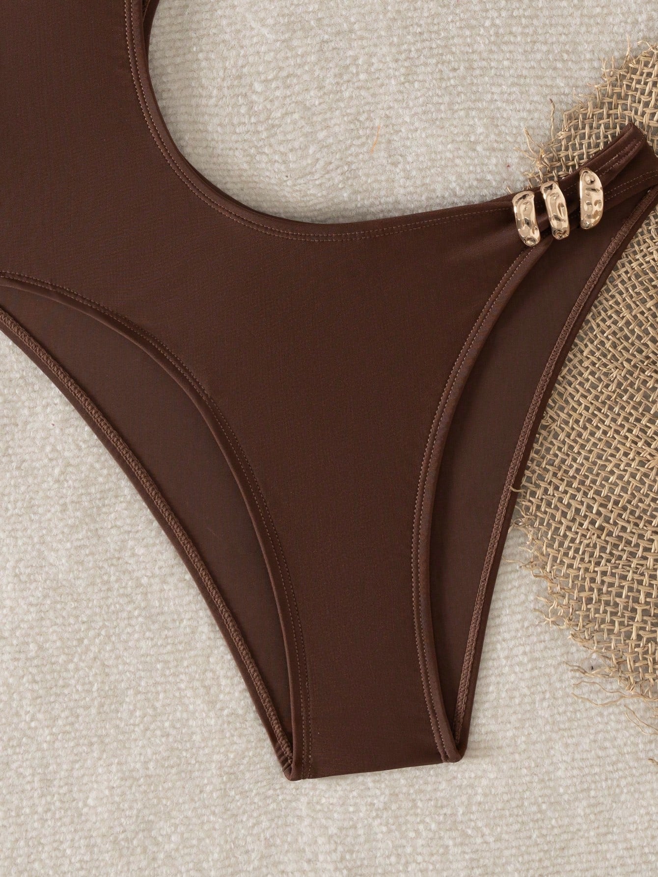 Swim SXY Women's Solid Color Metal Decor Hollow Asymmetric Neckline One-Piece Swimsuit Holiday Beach Holiday Coffee Brown Summer